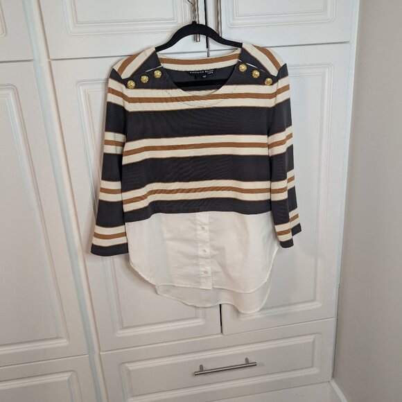 Veronica Beard Bertie Layered Top L - Charcoal/Tan/White Stripes, Gold Buttons - Picture 3 of 12